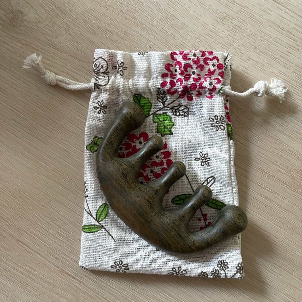 Wooden Massage Tool/ Birthing Comb with Floral Pouch
